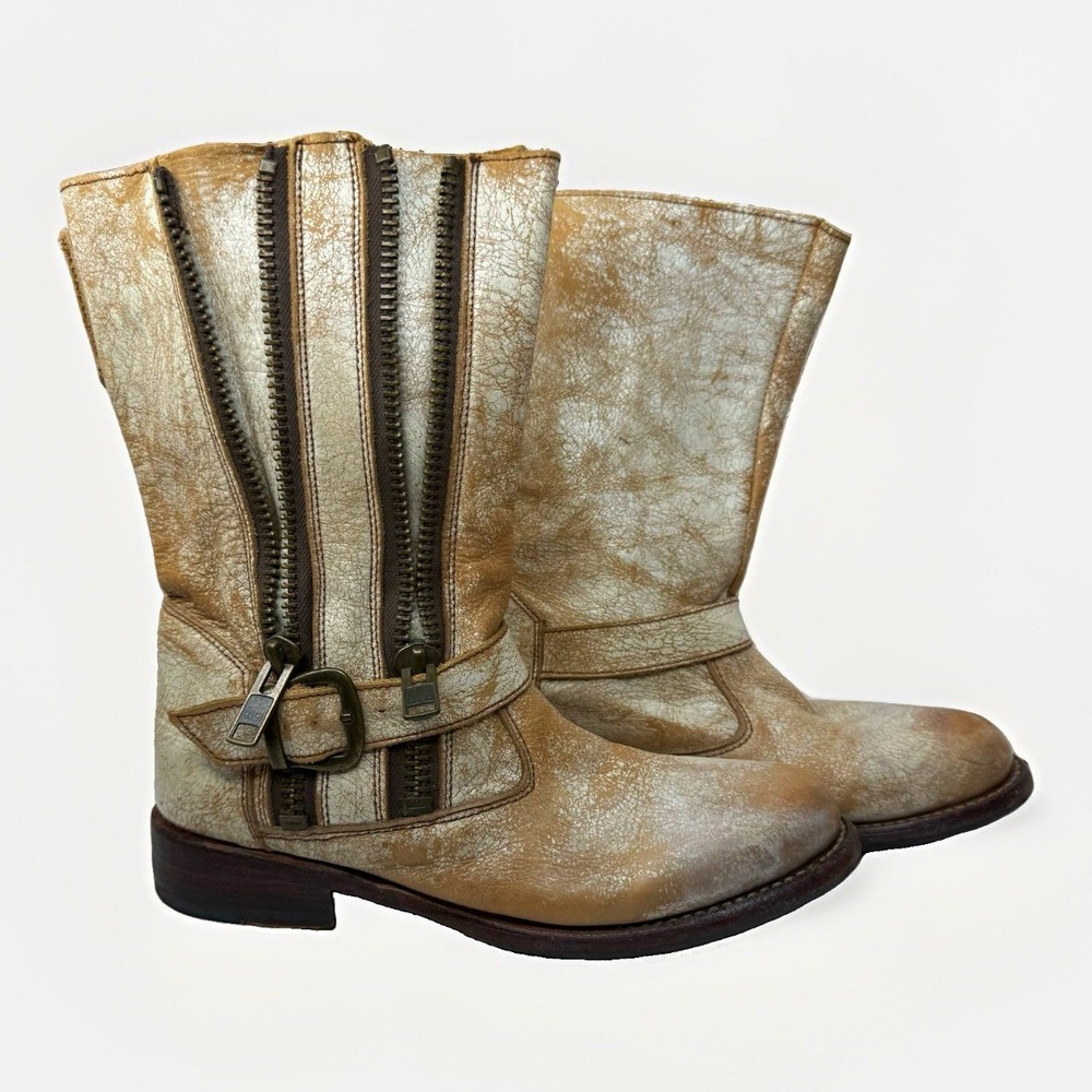 Bed Stu Women's Beige Brown Leather Mid-Calf Riding Boots Round Toe Buckle Zip